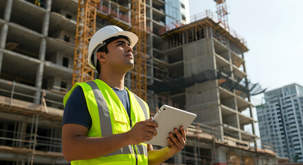 Construction Worker Using Digital Tablet at Modern Building Site