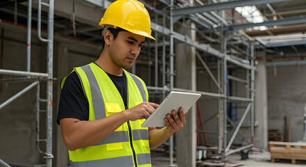Construction Worker Using Tablet on Construction Site