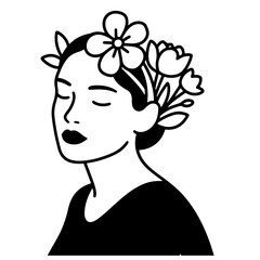 Black and white illustration of a woman with flowers in her hair, minimalist line art style
