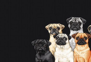 Obraz premium Pugs of various colors stand together against dark background, showcasing their unique expressions and charm
