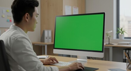 Man using green screen desktop in home office setting