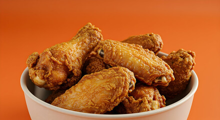 Crispy Fried Chicken Wings in a White Bowl Against Orange Background