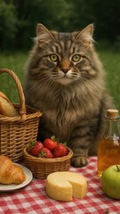 Cat enjoying picnic with treats.