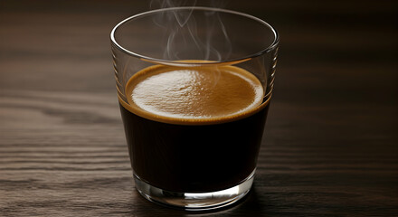 Dark Espresso in a Glass on Wooden Table