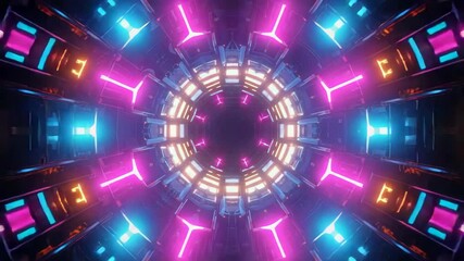 Circular sci fi tunnel with glowing neon lights creating a futuristic atmosphere. - Powered by Adobe
