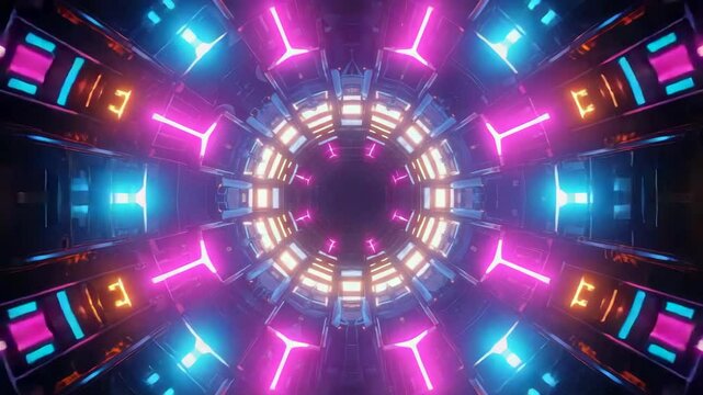 Circular sci fi tunnel with glowing neon lights creating a futuristic atmosphere.