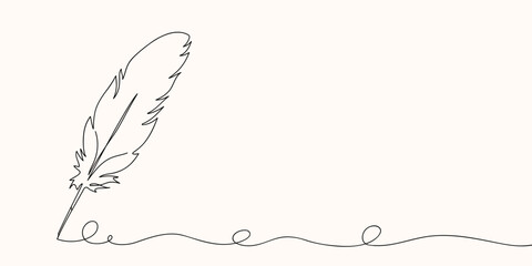 Continuous line drawing of writing quill feather pen. Minimalist black linear sketch isolated on white background. Hand drawn vector illustration.