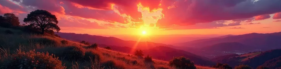 Fotobehang Golden hour paints the sky with vibrant hues of orange, pink, and purple as the sun dramatically rises over a tranquil landscape Serene nature awakens to a breathtaking spectacle , dramatic, sun © Wachiraporn