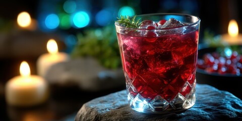 Bright red cocktail with ice and mint served at an elegant gathering in a dimly lit setting
