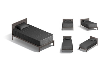 Blank wooden single bed with black bedding mockup, different views