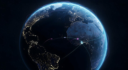 Digital Earth at Night Glowing City Lights and Network Connections