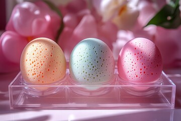 Pastel Easter Eggs in Clear Holder Spring Festive Decor Colorful Egg Sponges