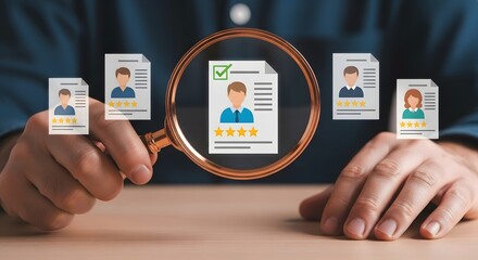 A recruiter meticulously reviews resumes using a magnifying glass, carefully assessing candidates' qualifications and experience for the perfect job match.