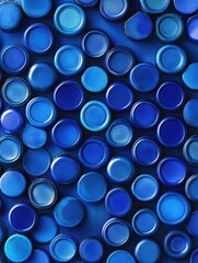 A close-up shot of multiple blue bottle caps arranged in a uniform pattern, showcasing a vibrant color and texture.