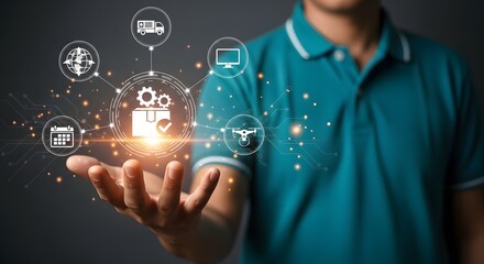 A person displays a holographic projection showcasing efficient supply chain management technology involving global logistics, delivery trucks, and drone delivery systems.