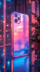 Modern Smartphone in Neon Light Pink Purple Gradient Reflective Surface