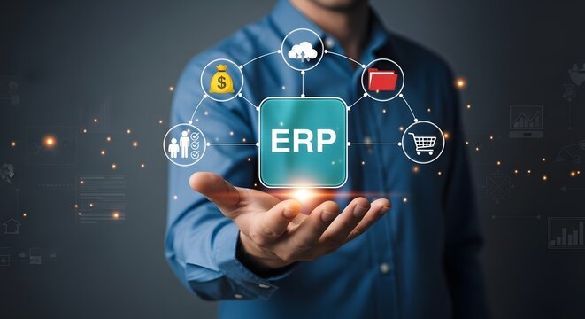 A businessman presents a digital ERP system interface showcasing cloud computing, finance, human resources, and e-commerce integration for business efficiency.