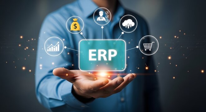 A businessman presents a digital ERP system showcasing business growth, finance management, cloud technology, and online sales strategies for efficient resource planning.