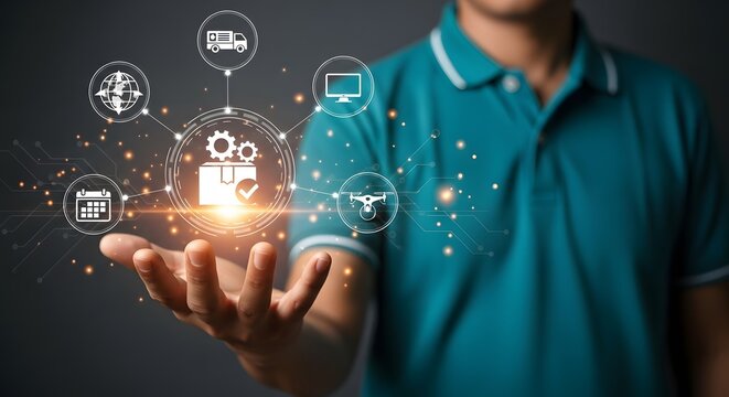 A person displays a holographic projection showcasing efficient supply chain management technology involving global logistics, delivery trucks, and drone delivery systems.