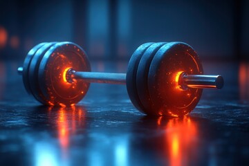 Glowing Barbell Weightlifting Equipment in Dark Gym Setting