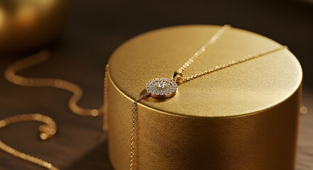 Elegant Gold Necklace with Diamond Pendant on Golden Display