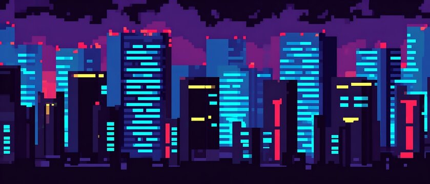 Pixelated city skyline at night - Powered by Adobe