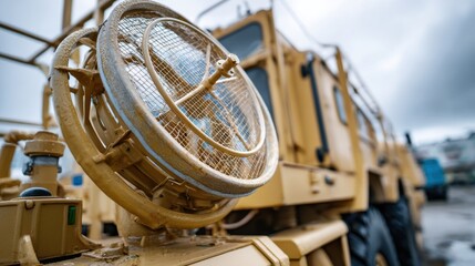 Fototapeta premium Low angle view of rotating radar system mounted on military truck under overcast sky