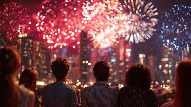 Group of friends on a rooftop watching fireworks with city skyline glowing, stock image, hd quality, 