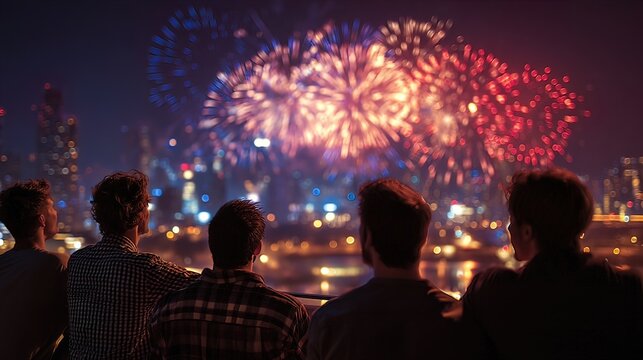 Group of friends on a rooftop watching fireworks with city skyline glowing, stock image, hd quality, 