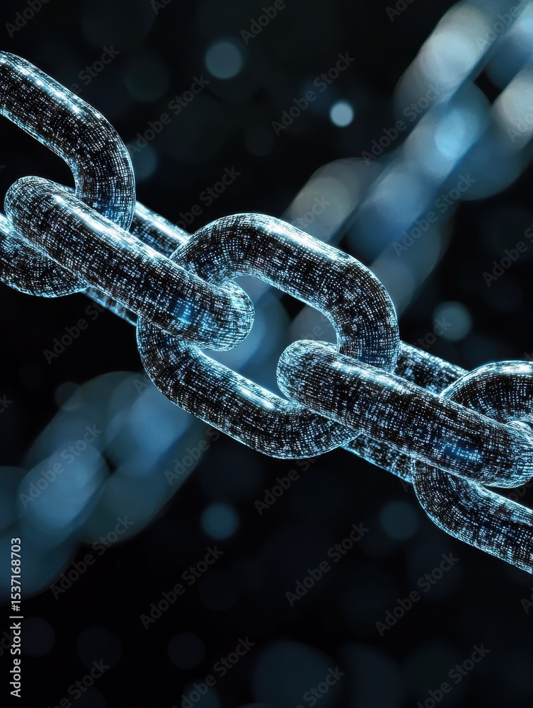 Poster connected digital chain links representing security and data connection technology