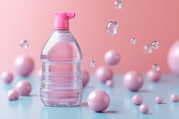 Pink Pump Bottle of Liquid Soap or Lotion with Pastel Pink Bubbles Clean Product Mockup
