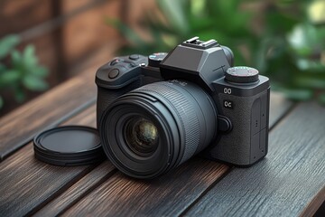 Modern Black Mirrorless Camera with Lens on Wooden Table Outdoor Setting
