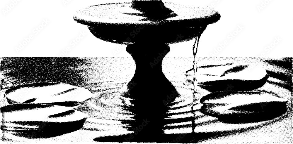 Poster tranquil scene of broken fountain spout with decorative lily pads and gentle ripples