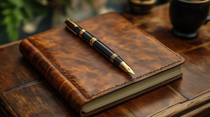 Luxurious Brown Leather Journal with Gold Accented Fountain Pen