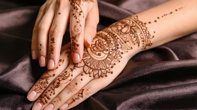 Detailed brown henna tattoos on woman's hand and fingers, intricate floral designs and dots, clean natural nails on silk fabric background