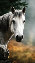 Fototapeta premium Majestic white horse gazing curiously in a misty forest during early morning light
