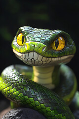 A vibrant green snake with striking yellow eyes coiled on a rocky surface in a lush environment