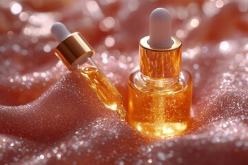Luxurious Golden Facial Serum Bottles on Sparkling Pink Glitter Background