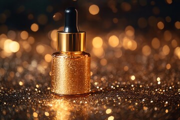 Luxurious Gold Glitter Serum Bottle on Sparkling Background Beauty Product