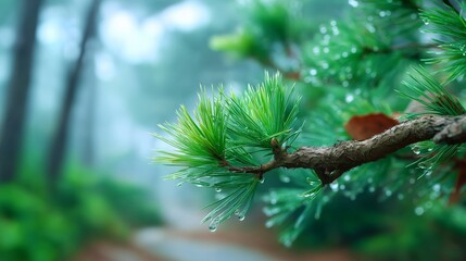 Refreshing pine branch with dewdrops tranquil forest setting nature photography lush environment close-up view serenity concept