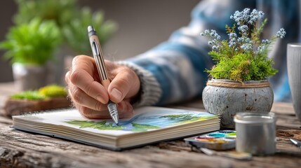 Artistic expression through nature drawing home studio sketching cozy environment close-up view creativity unleashed