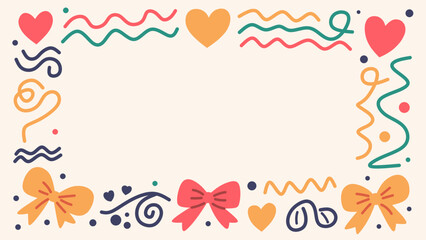 Colorful hand drawn doodle frame with hearts, bows, wavy lines, ribbons, and confetti. Perfect for invitations, greeting cards, scrapbooking, and decorative design. Cute and playful vector border.