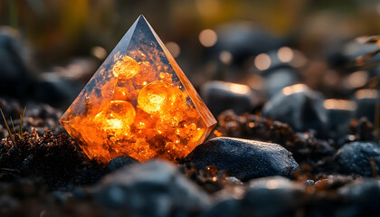 Glowing pyramid with internal orbs resting on rocks in natural sunlight and earthy soil