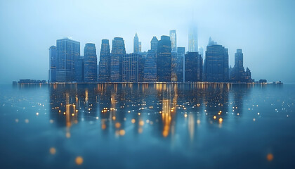 City skyline mirroring in water, bathed in soft blue hues with warm light accents, creating a serene urban view