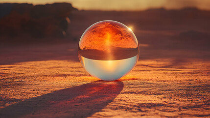 Glass orb on a warm, sandy surface reflects the sky, rocks, and sun in a desert landscape