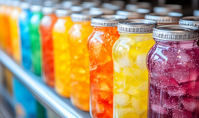 Rows of colorful, refreshing fruit drinks in jars line a bright shelf, creating a vibrant, summery display