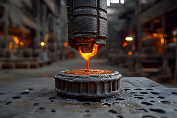 Molten metal pours into a mold in a dimly lit industrial setting, casting an orange glow
