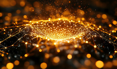 Luminous nodes form an interconnected network above dark surface, glowing softly in depth-of-field