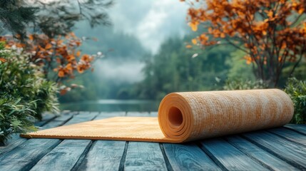 Serene Yoga Mat on Wooden Dock by Tranquil Lake Autumn Scenery