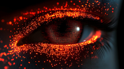 Macro shot of an eye with digital glowing particles and binary code reflecting in the iris, close-up view